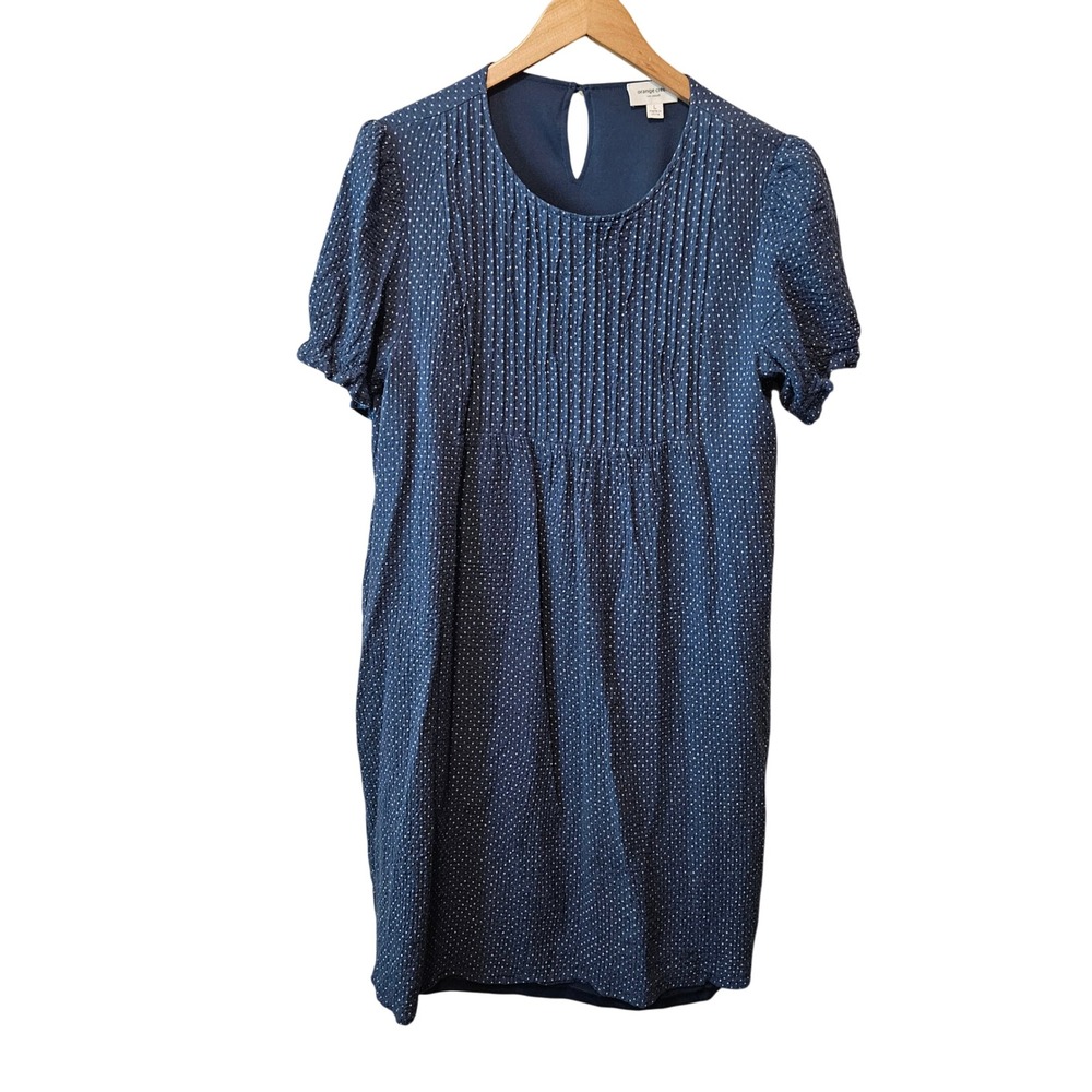 Orange Creek Navy Blue Polka Dot Pleated Bib Shift Dress w Pockets Size Large